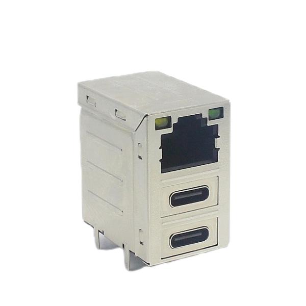 Quality Dual Type C Stacked USB Connectors Combo PCB Shielded RJ45 Female Socket LAN Jack for sale