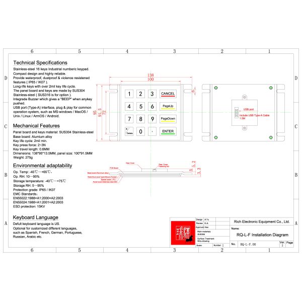 IP65 Rated Waterproof Metal KeyPad 100mm*91.5mm Size for Industrial Control Applications with backlit