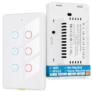 Tuya WiFi Switch Timing 6 Gang Voice App Alexa Google Home No Neutral Wire WiFi RF433 US Light Switch Smart Home