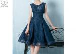 Navy Blue Lace Short Length Prom Dresses Knee Length Sleeveless And Beading