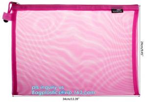 China OEM mesh plastic A4 file bag with zipper, net netting document bag pouch, customized PEVA coated net polyester fabric fo wholesale