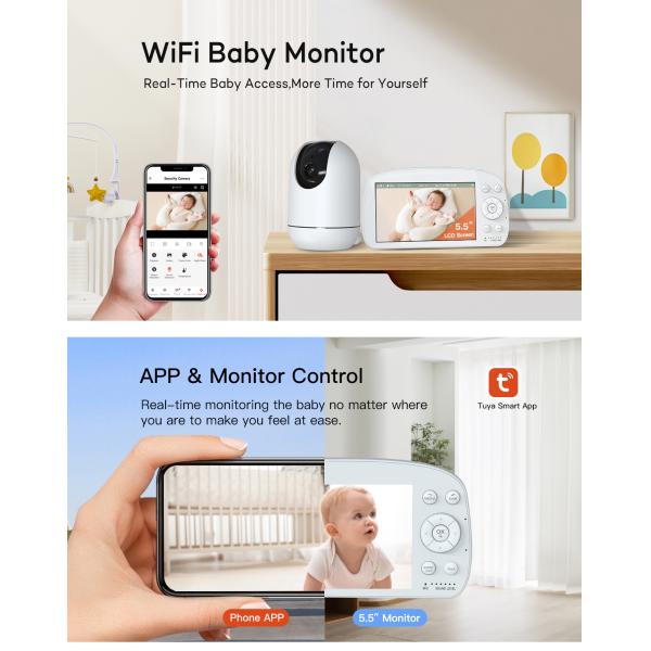 Wifi 2.4Ghz Smart Video Baby Monitor With Ai Human Sound Cry Temperature Humidity Detect Melody Tuya