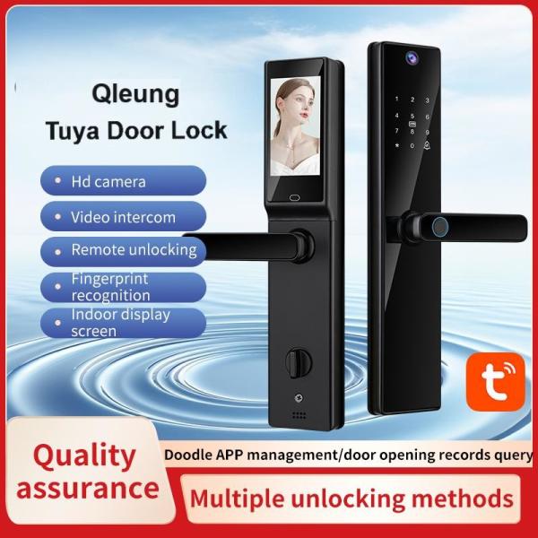 Quality Qleung Video Calling Camera Wifi Fingerprint Code Key Card Tuya Door Lock for Home Hotel for sale