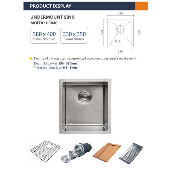 Undermount Stainless Steel Kitchen Sink Rectangular 16 Gauge single Bowl 38x40