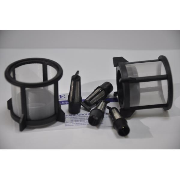 Molded Plastic Filters For Automotive Industry Filtration Parts molded with synthetic mesh and metallic meshes