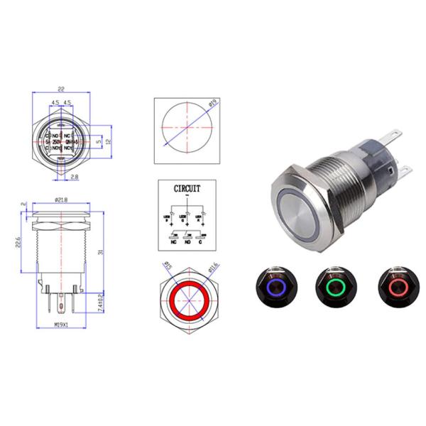 19mm Latching Metal Push Button Switches On Off Illuminated Dot Light