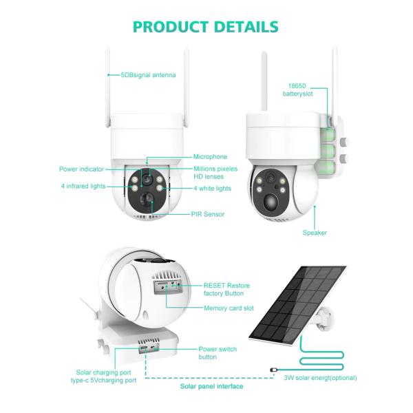 Solar Panel 2MP WiFi Solar CCTV PTZ Camera Outdoor 1080P Wireless Solar Security WiFi Battery Power Network Camera