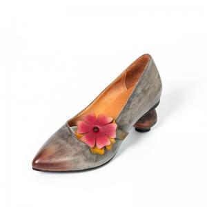 China S381 Spring New Flowers Handmade Leather Single Shoes Pointed Toe Retro Thick High Heel Women