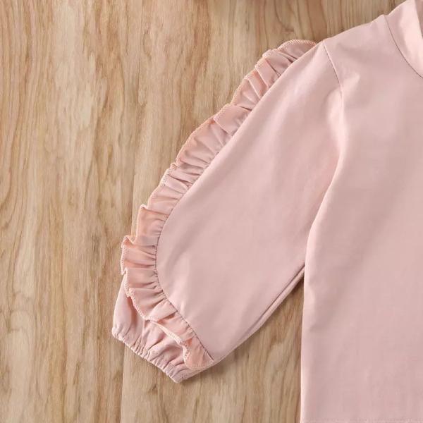 Srping And Autumn New Children's Outfit Sets Pink Long-Sleeved Wooden Ear T-Shirt Shirt Plaid Three-Piece Belt
