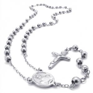 China 316L Stainless Steel Saint Praying Rosary Beads Ball Chain Necklaces With Jesus Cross wholesale
