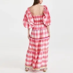 Ladies Puff Sleeve Dress for Women Ruching Checks Clothing Manufacturers Elegant Cotton Custom Logo Maxi Dress