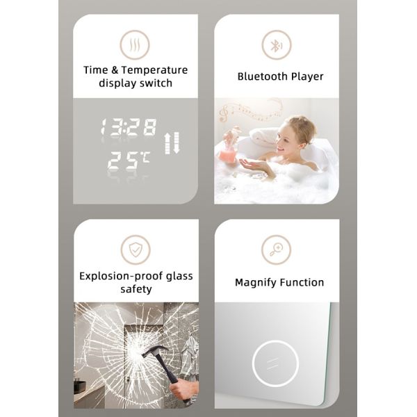 Hotel Bathroom Vanity Wall Half Round Mirror Customized Led Backlit Defogger