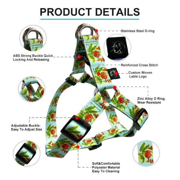 Heavy Duty Collar Leash Harness Set Puppy Adjustable Flower Pattern Pet Lope