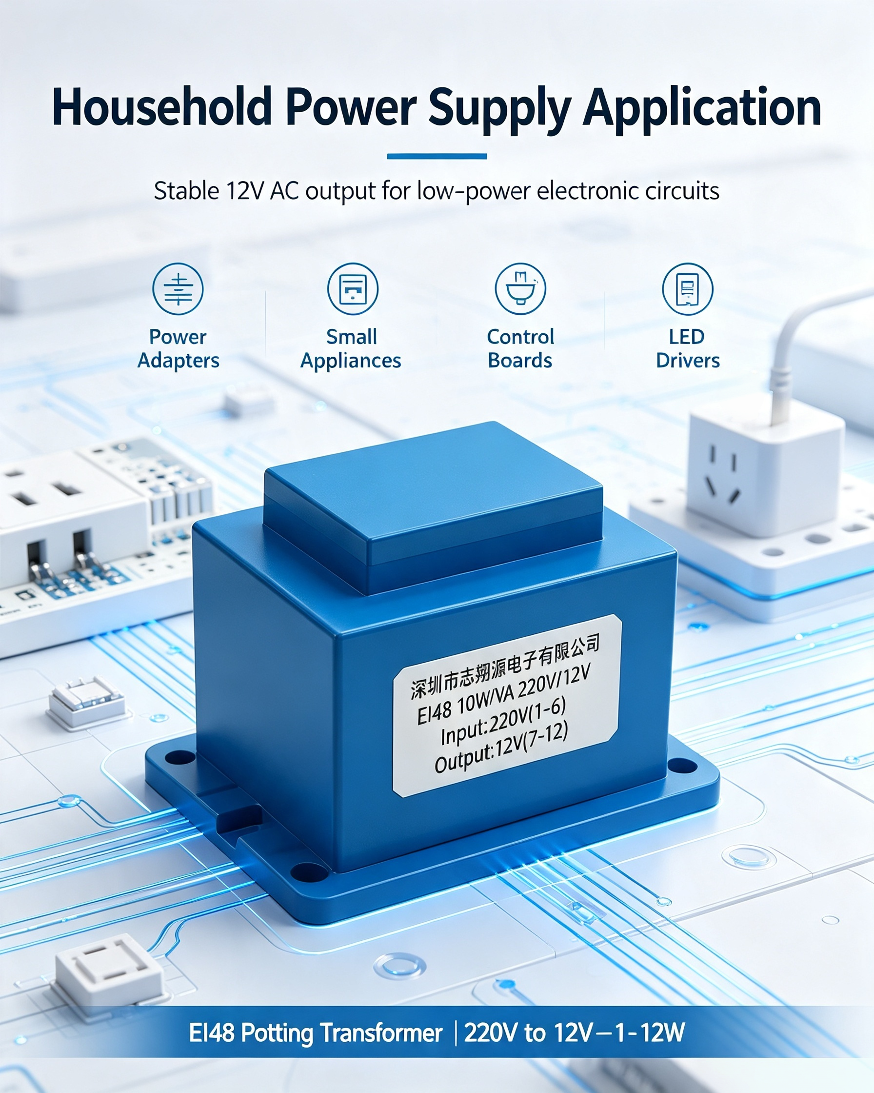 EI48 Epoxy Potting Sealed PCB Mount Step-Down Transformer with 220V Input and 12V Output for Household Power Supply
