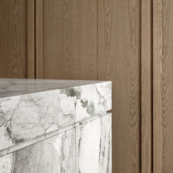 Villa White Oak Wood Veneer Kitchen Marble Countertop Frame Line Door Panel Complete Kitchen Cabinet Set