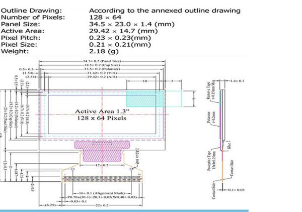 1.3 Inch PMOLED MODULE 128X64 Resolution 3/4-SPI I2C Interface Driving IC