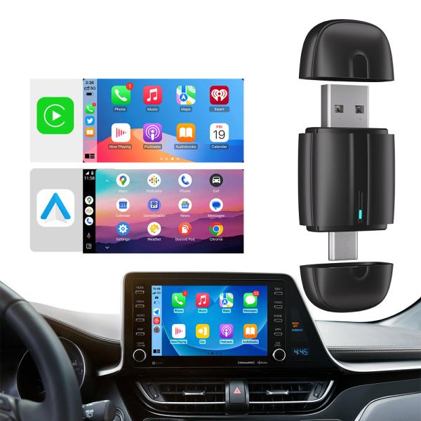 Quality Dual Interface USB A Type C Mini Auto Dongle BT 5.0 2 In 1 Wireless Carplay Adapter For Apple Android for sale