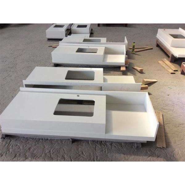 Mitered Edge Quartz Kitchen Worktops Bathroom Vanity Tops Super White Solid Surface