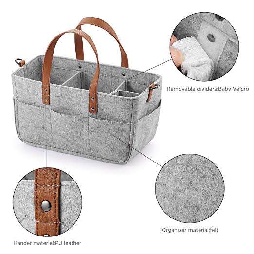 Tote Washable Diaper Caddy Nursery Storage Grey Cotton Felt