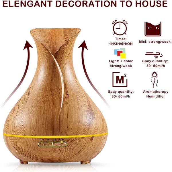 Classic 400ml Wood Grain Vase Flower Aromatherapy Essential Oil Diffuser With 7 Color LED Lights for Home,Bedroom