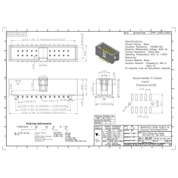 2.54mm Box Header Connector 2*3-2*32Pin Nylot6T 3AMP SMT Type With Pegs