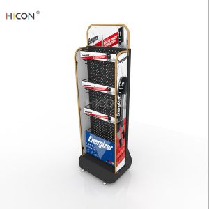 Customized Black Metal Pegboard Battery Display Stand with Hooks