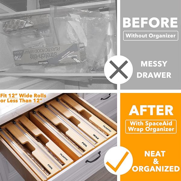 Stylish Bamboo Drawer Zip Lock Kitchen Foil Plastic Wrap Dispenser with Slide Cutter