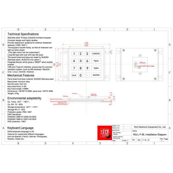 IP65 Rated Waterproof Metal KeyPad 100mm*91.5mm Size for Industrial Control Applications with backlit
