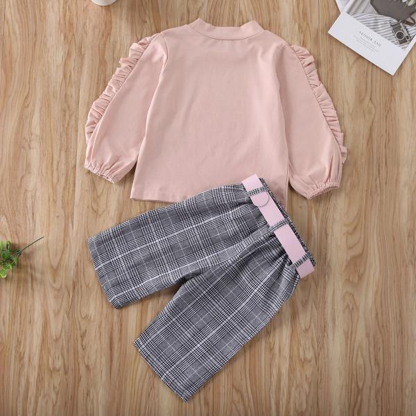 Srping And Autumn New Children's Outfit Sets Pink Long-Sleeved Wooden Ear T-Shirt Shirt Plaid Three-Piece Belt
