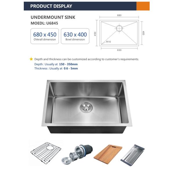 24 Single Bowl Undermount Stainless Steel Kitchen Sink Rectangular 18 Gauge 68x45