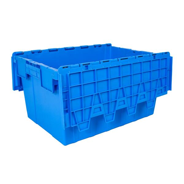 Secure Moving Attached Lid Plastic Crate with Hinged Lockable Lid and Solid Box Style
