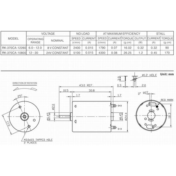 RK-370CH DC Electric Motor 5V / 8V / 12V 24.4mm Carbon Brushed For Air pump, blood pressure monitor, tattoo machine