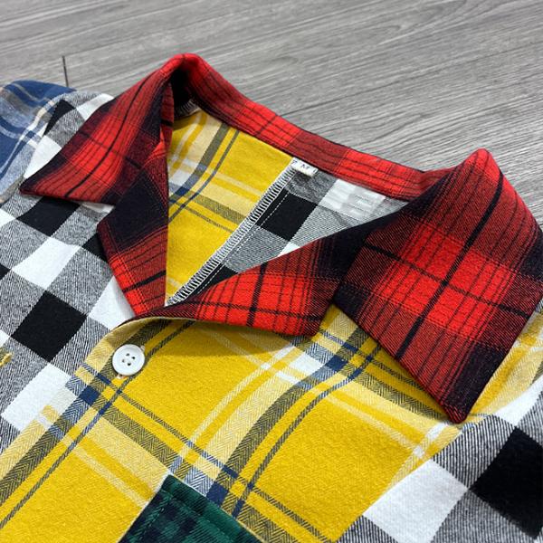 Custom Flannel Plaid Shirt Button Up Embroidery Patchwork Logo Color Block Polo Shirt Cut Sew Patch Shirt For Men