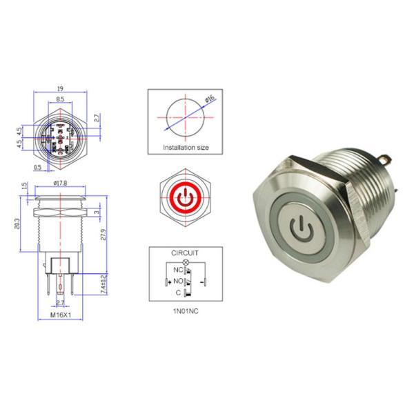 Small 16mm Latching Push Button Switch Metal IP65 Rating Round Shape
