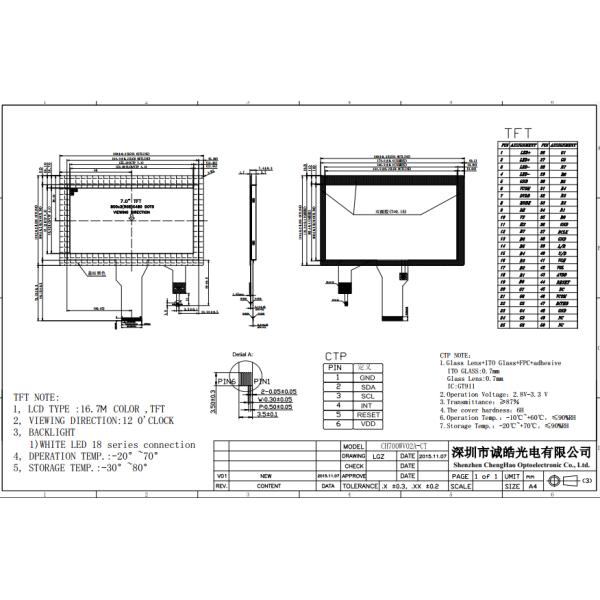 ODM 7 Inch 24 Bit RGB Industrial LCD Display Capacitive Touch