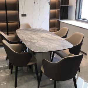 Rectangular Marble Metal Dining Table 2000mm Length With Column