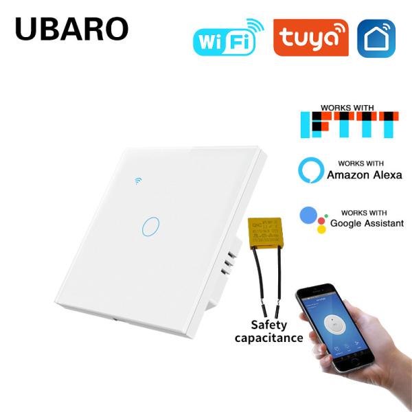 Quality 1gang Need Capacitor Tuya WIFI Smart Light Switch with Tempered Glass Panel and Voice Activated Remote Control for sale