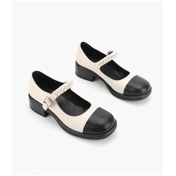 Round Head Wrap Toe Womens Leather Flat Shoes Black And White Stitching