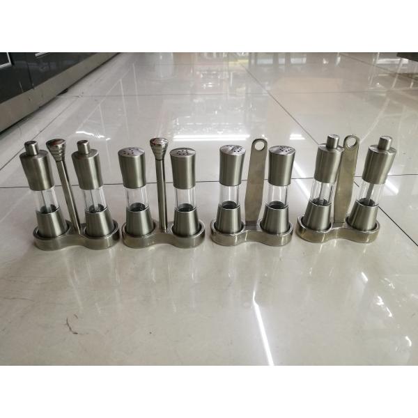 Stainless Steel Salt And Pepper Shaker And Mill , Commercial Buffet Supplies 2 Pieces Flavour Bottles Set With Handle