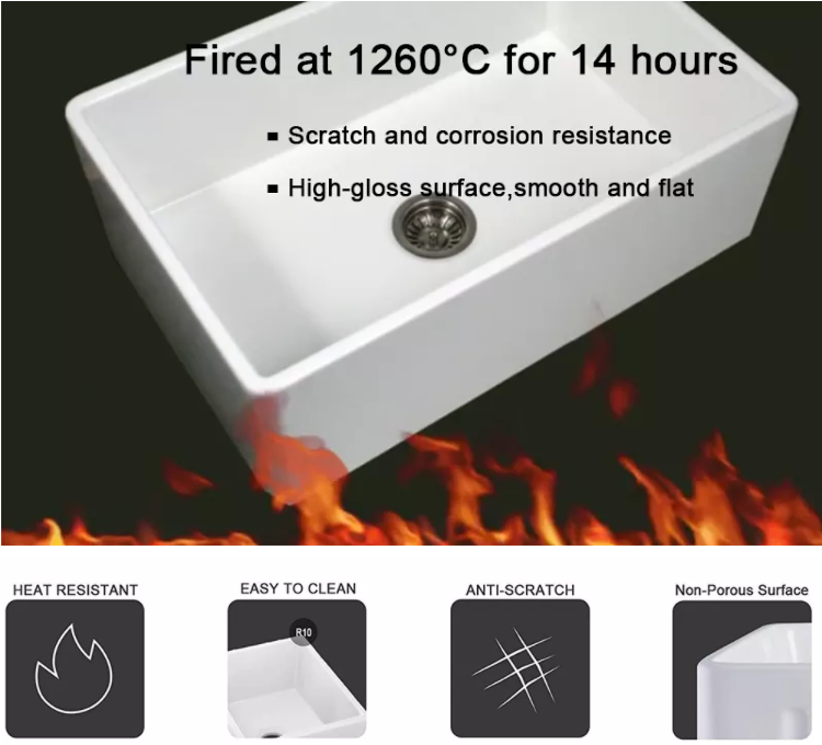 Undermount Apron Front Farmhouse Bathroom Sink 75cm White Rectangular Modern