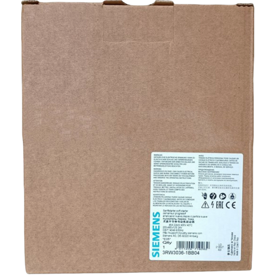 SIEMENS 3RW3036-1BB04 SIRIUS SOFT STARTER S2 45 A, 22 KW/400 V, 40 °C 200-480 V AC, 24 V AC/DC SCREW TERMINALS