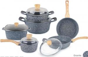China Die casting stone marble coating cookware set with with wooden handle wholesale