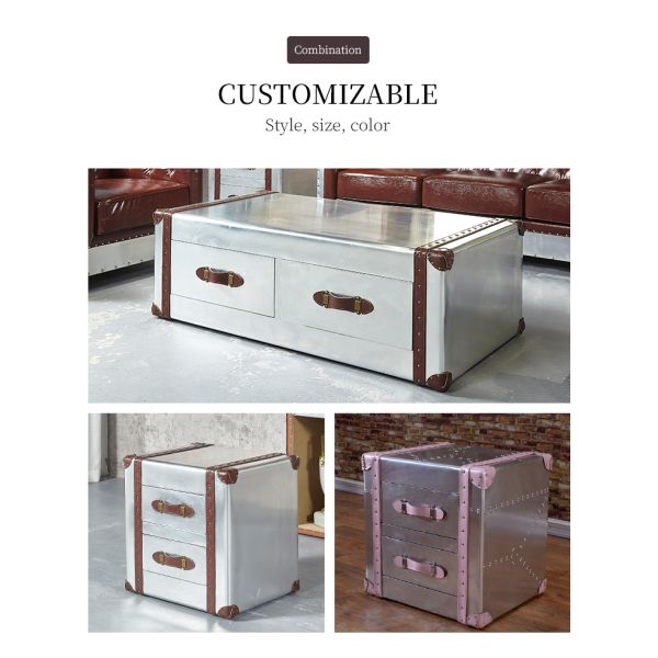 Nidea #8515 Industrial-Style Aluminum Panel Riveted Metal Retro Handmade Durable Side Corner Table 2-Drawer Living Room Coffee