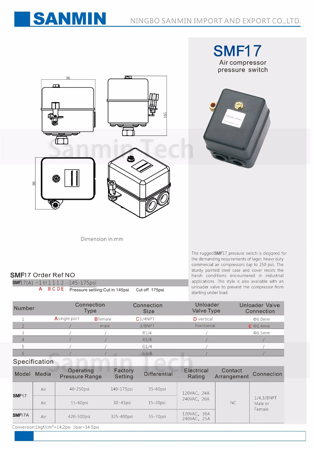 NBSANMINSE SMF 17 1/4 3/8 NPT Thread Air Compressor Pressure Switch 8-10bar 8-12bar 9-12.5bar 13-16bar
