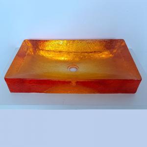 China Amber Color Glazed Glass Wash Basin Tap Hole Free Glass Vessel Sinks on sale
