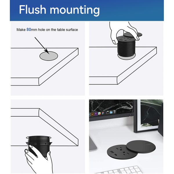 ABS Plastic USB C Desk Power Grommet Socket 82mm Dia 240V