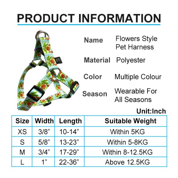 Heavy Duty Collar Leash Harness Set Puppy Adjustable Flower Pattern Pet Lope
