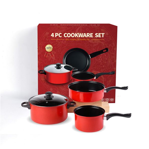 Red 4 Piece Cast Iron Cookware Set Iron Non Stick For Kitchen