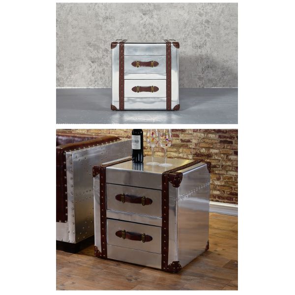 Nidea #8515 Industrial-Style Aluminum Panel Riveted Metal Retro Handmade Durable Side Corner Table 2-Drawer Living Room Coffee