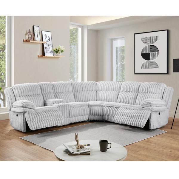 Quality Power Recliner Corner Sofa with 2 Power Recliner Seats and Storage Box, Gray Corduroy Fabric for sale